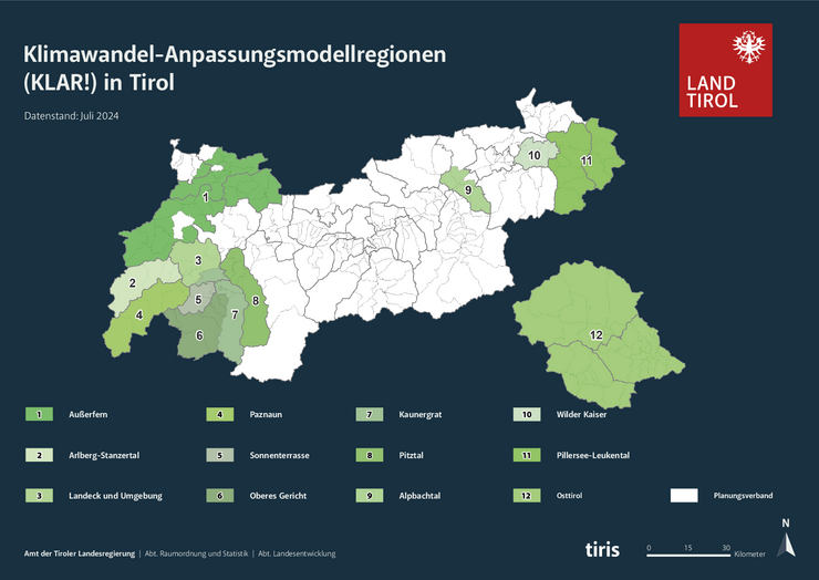 © Land Tirol Karte der Klimawandel-Anpassungsmodellregionen (KLAR!) in Tirol